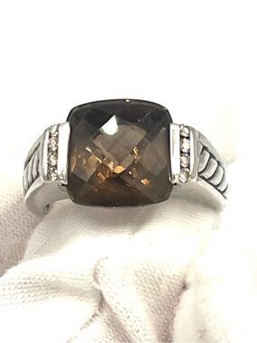 David Yurman Smoky Quartz Cushion-Cut with Diamond Sterling Silver Ring - size 6